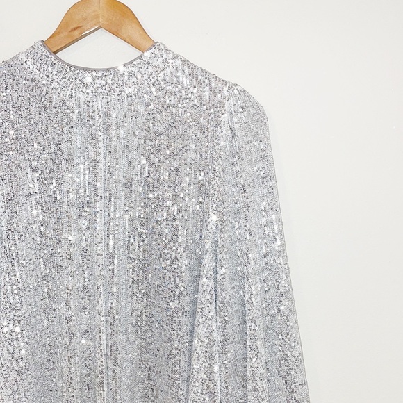 BADGLEY MISCHKA Silver Sequins Swing Dress Long Sleeved Worn Once Size 4 - Picture 3 of 9